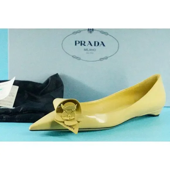 Prada Loop Bouquet Yellow Patent Pointed Toe Flat NIB $1120 Floral - Picture 1 of 13